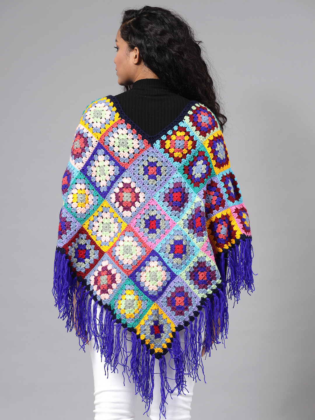 Granny Square Poncho with Fringe Trim - Multi