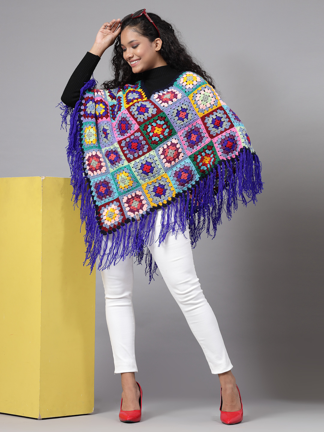 Granny Square Poncho with Fringe Trim - Multi