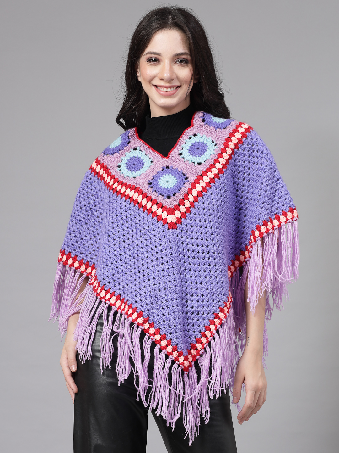 Granny Square Poncho with Fringe Trim - Purple