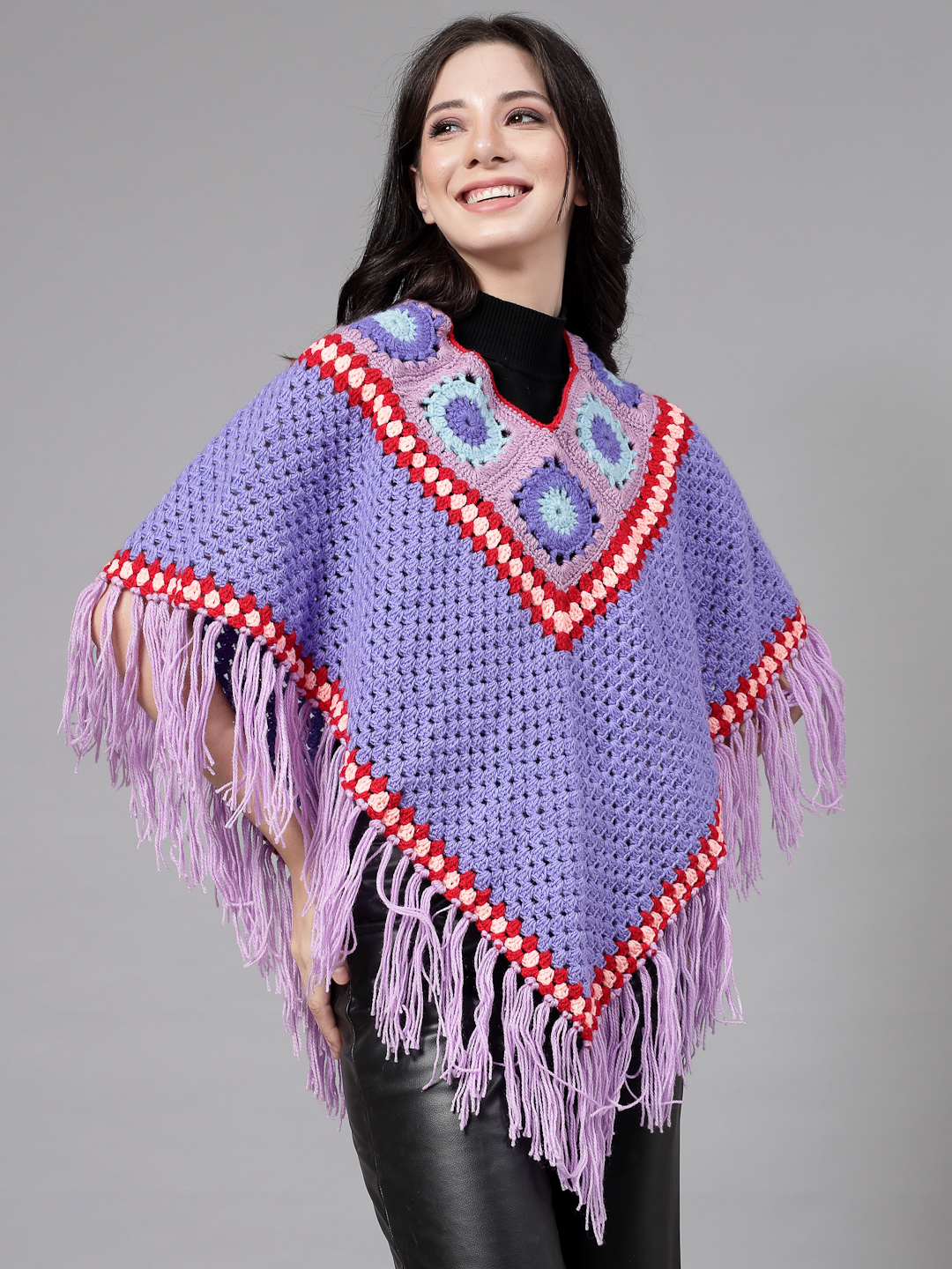 Granny Square Poncho with Fringe Trim - Purple