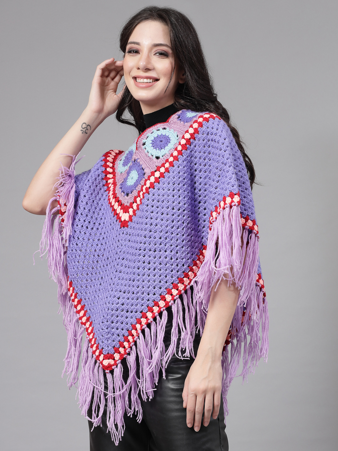 Granny Square Poncho with Fringe Trim - Purple