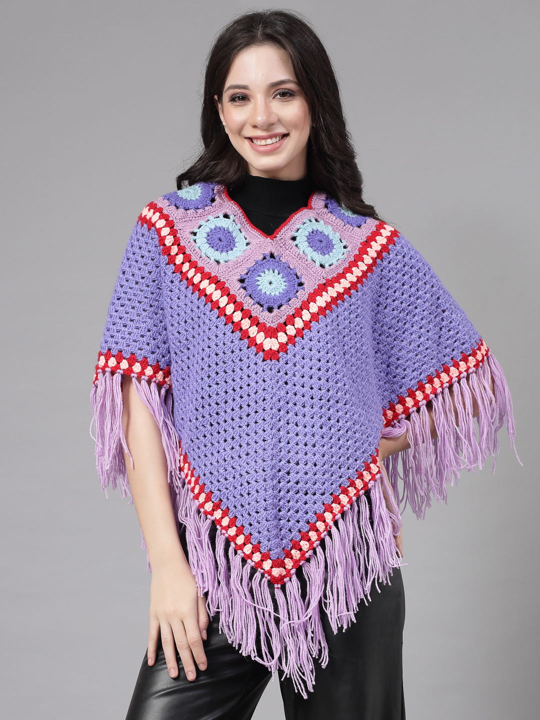 Granny Square Poncho with Fringe Trim - Purple