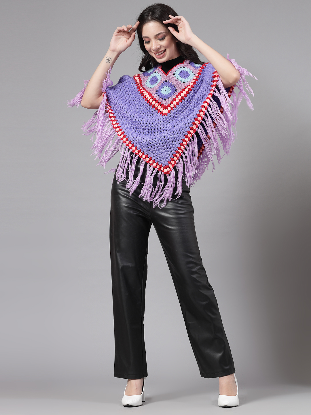 Granny Square Poncho with Fringe Trim - Purple
