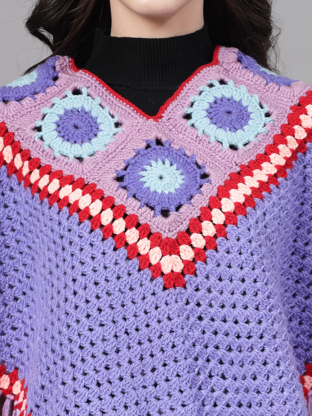 Granny Square Poncho with Fringe Trim - Purple