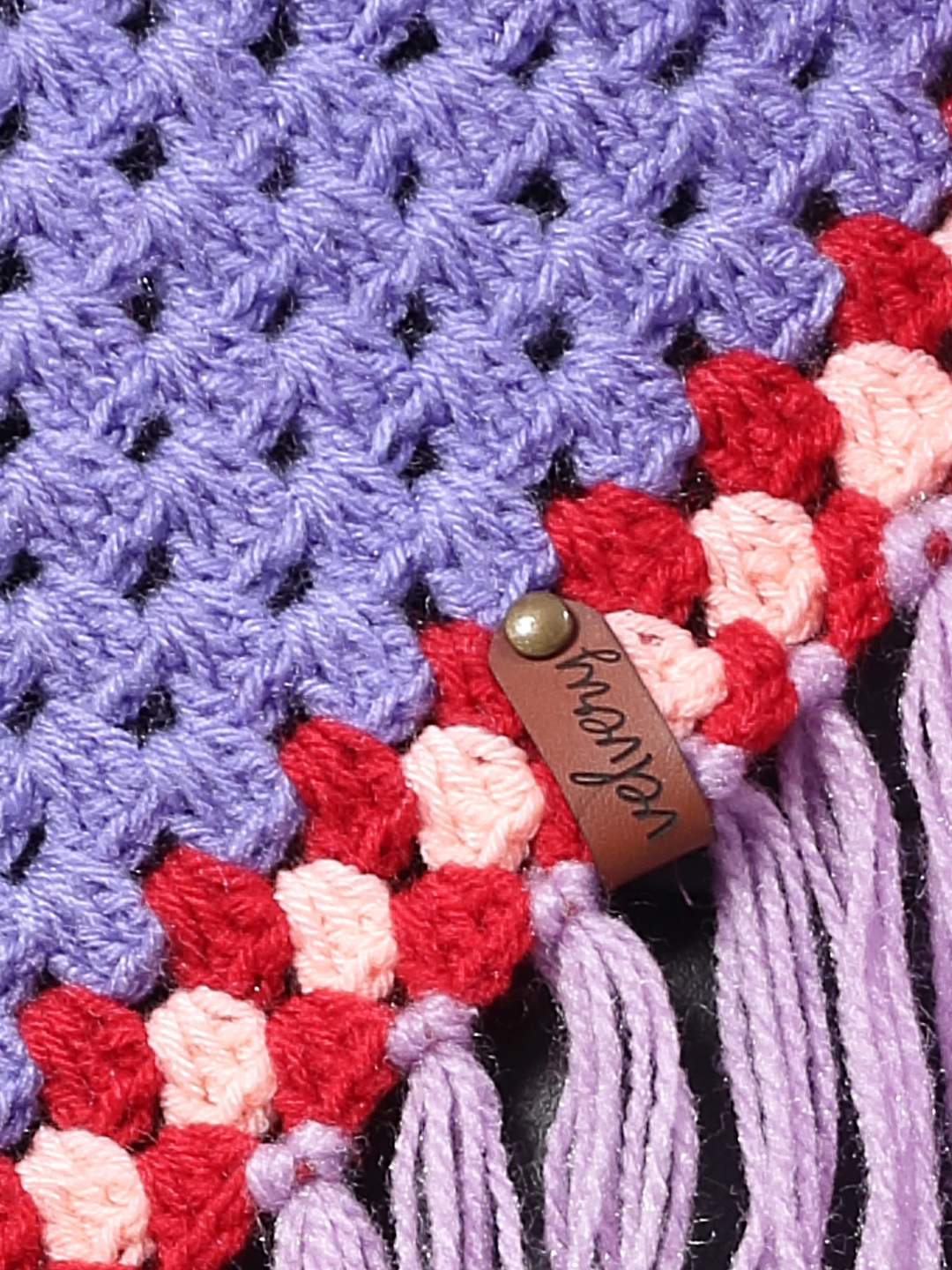 Granny Square Poncho with Fringe Trim - Purple