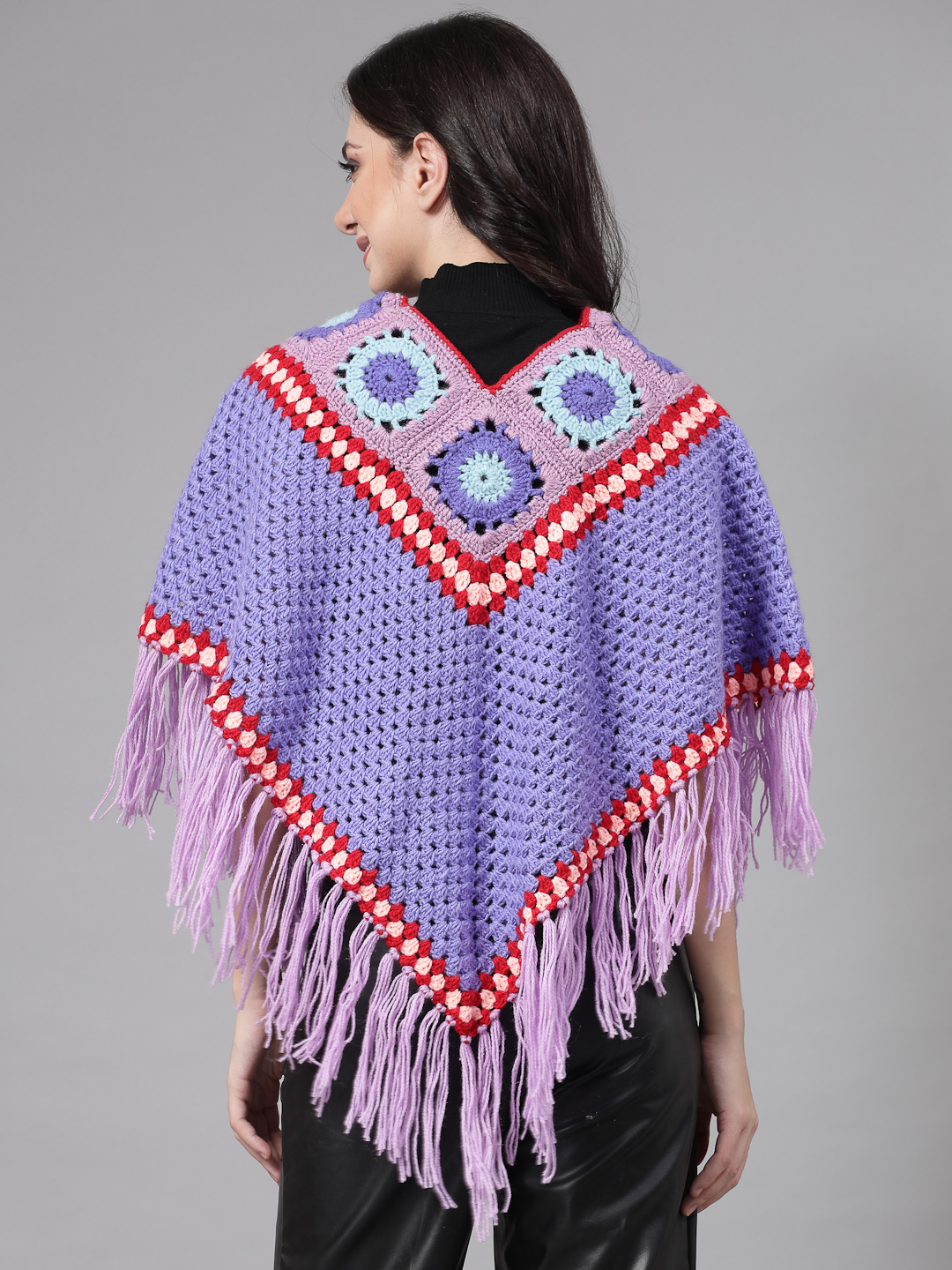 Granny Square Poncho with Fringe Trim - Purple