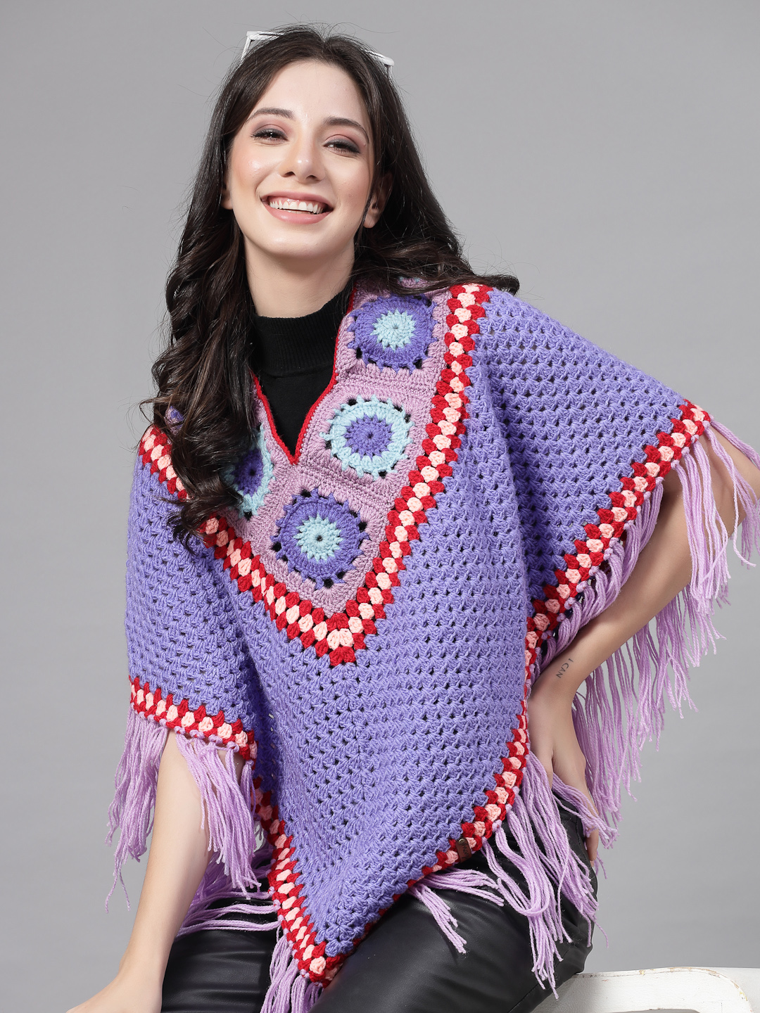 Granny Square Poncho with Fringe Trim - Purple