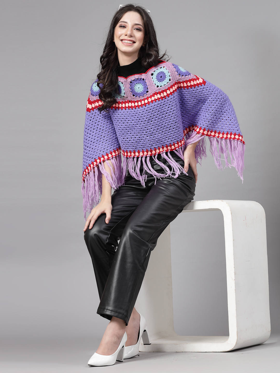 Granny Square Poncho with Fringe Trim - Purple