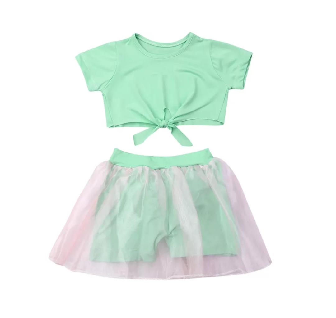 Green Crop top with Skirt