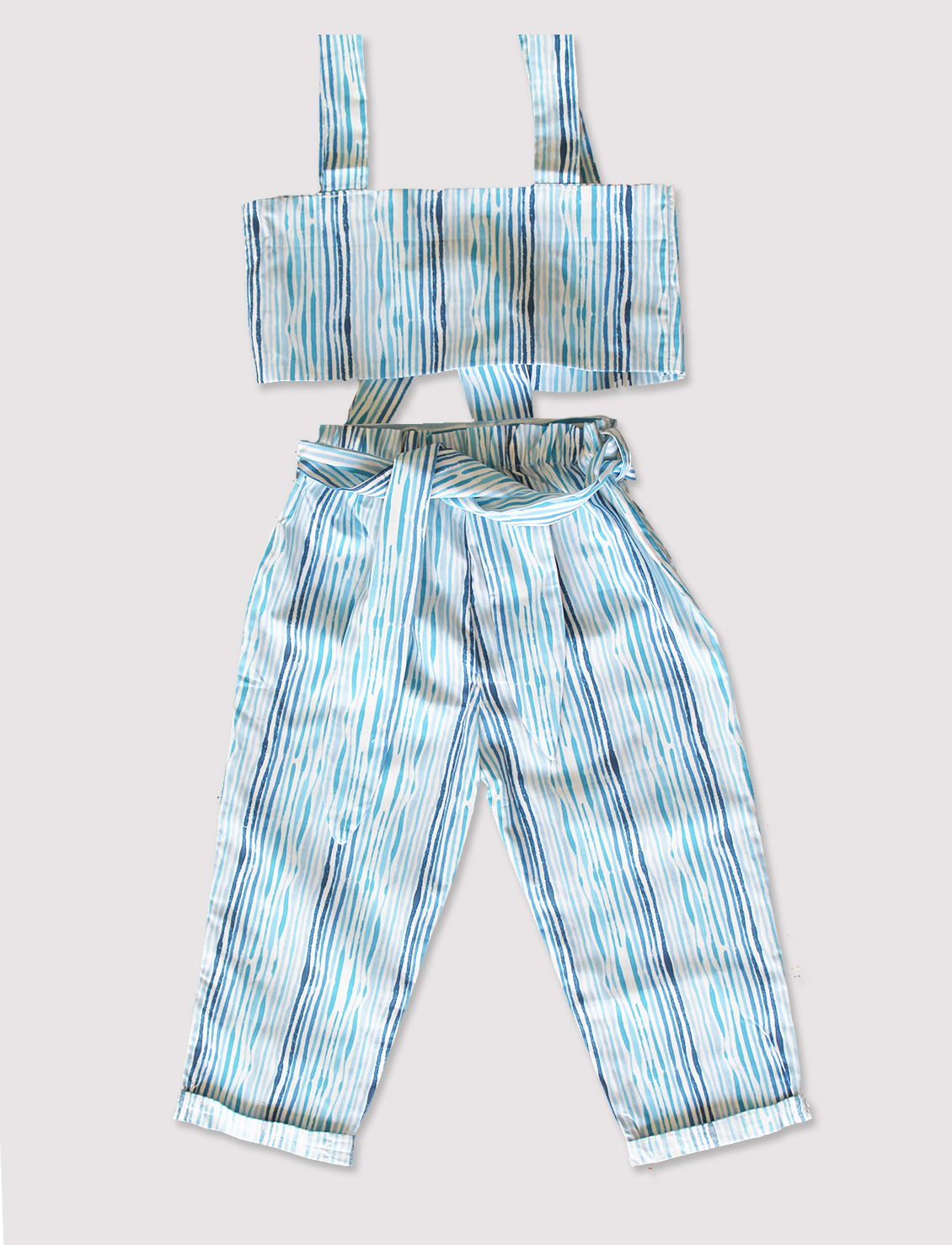 Woonie Sleeveless Striped Pattern Back Tie up Top With Pant-Light Blue