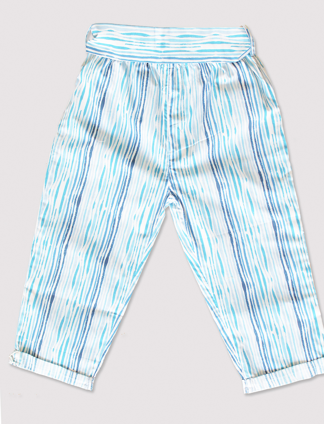 Woonie Sleeveless Striped Pattern Back Tie up Top With Pant-Light Blue