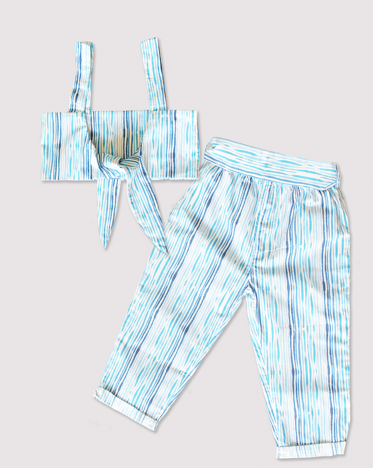 Woonie Sleeveless Striped Pattern Back Tie up Top With Pant-Light Blue