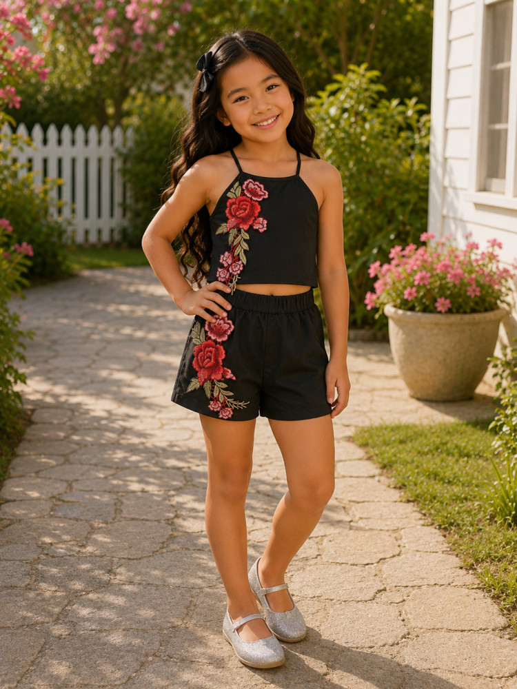 Image of Woonie Sleeveless Halter Neck Top With Shorts-Black