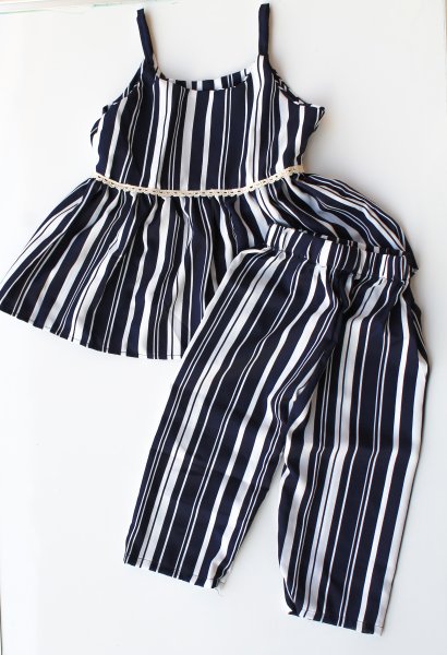 Image of Woonie Sleeveless Striped Top With Culottes-Navy Blue