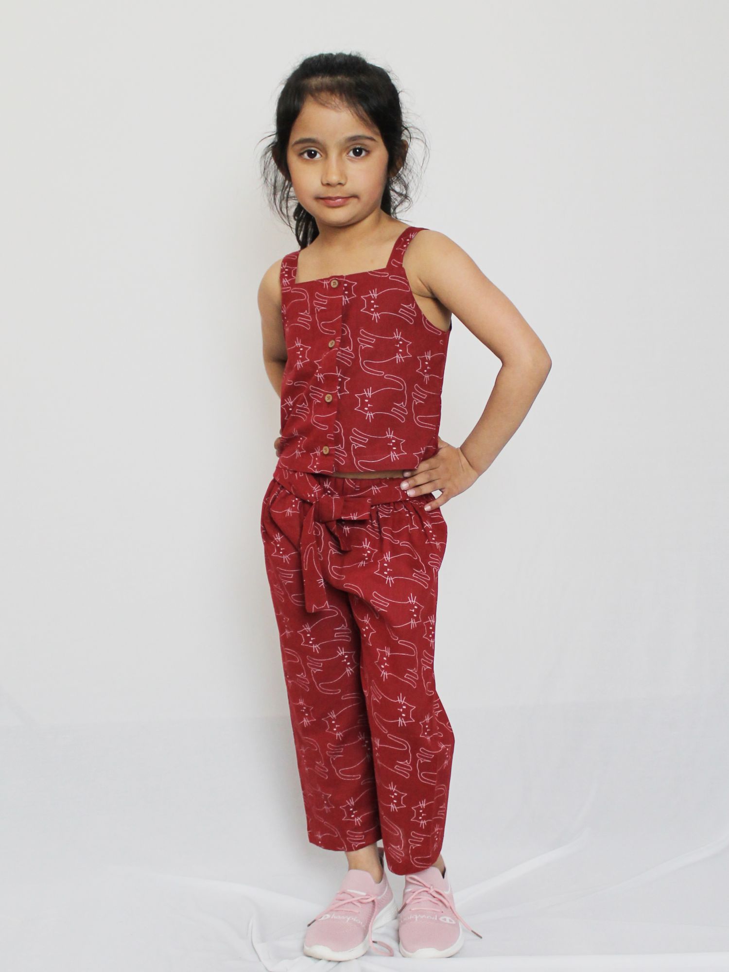Woonie Sleeveless Cat Printed Sleeveless Top With Pant-Maroon