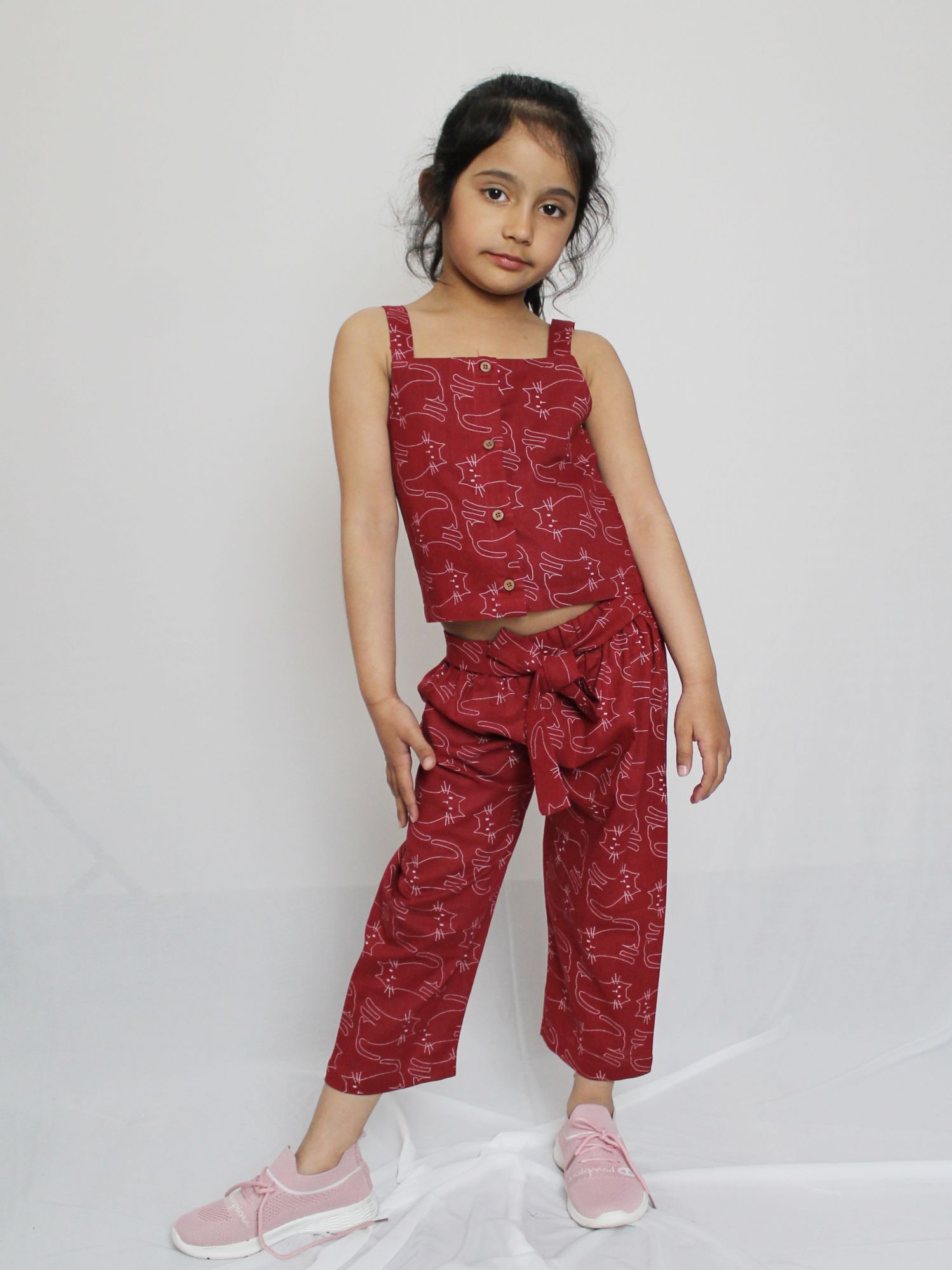 Woonie Sleeveless Cat Printed Sleeveless Top With Pant-Maroon
