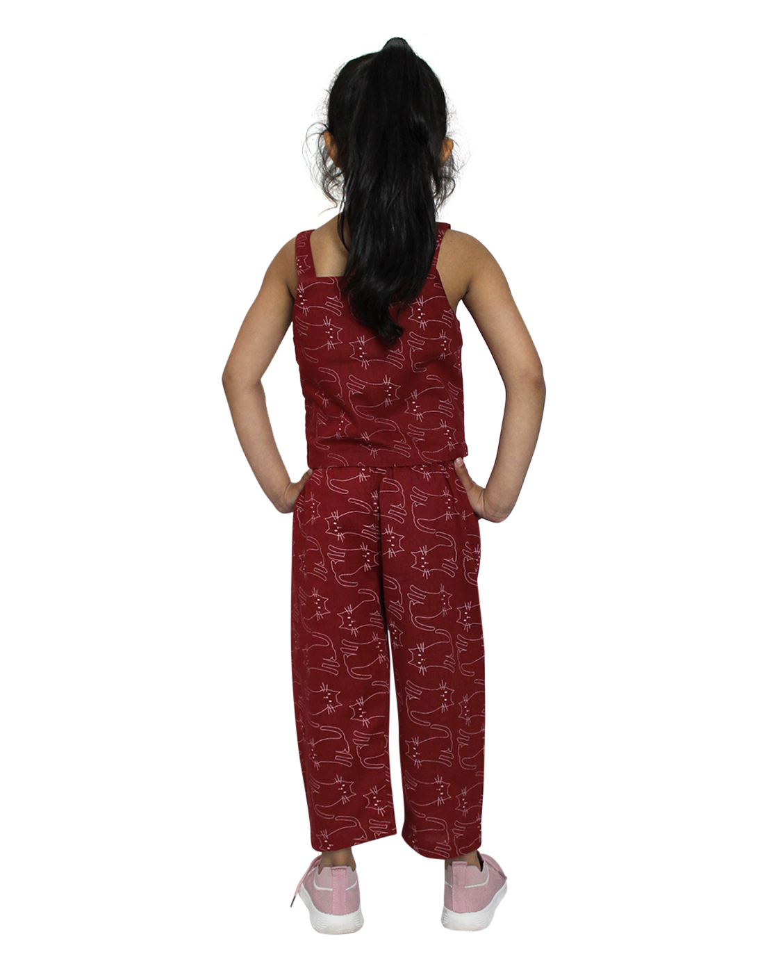 Woonie Sleeveless Cat Printed Sleeveless Top With Pant-Maroon