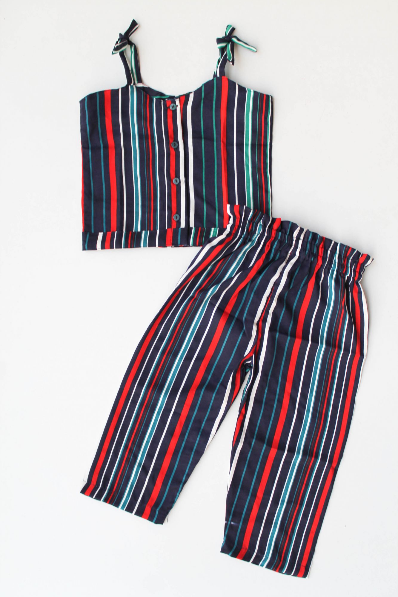 Woonie Sleeveless Multicoloured Striped Pattern Top With Pant- Blue