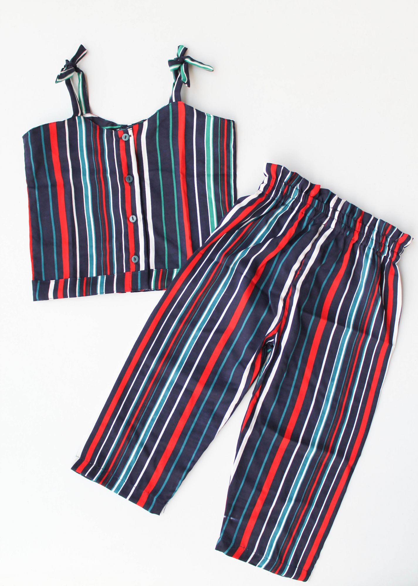 Woonie Sleeveless Multicoloured Striped Pattern Top With Pant- Blue