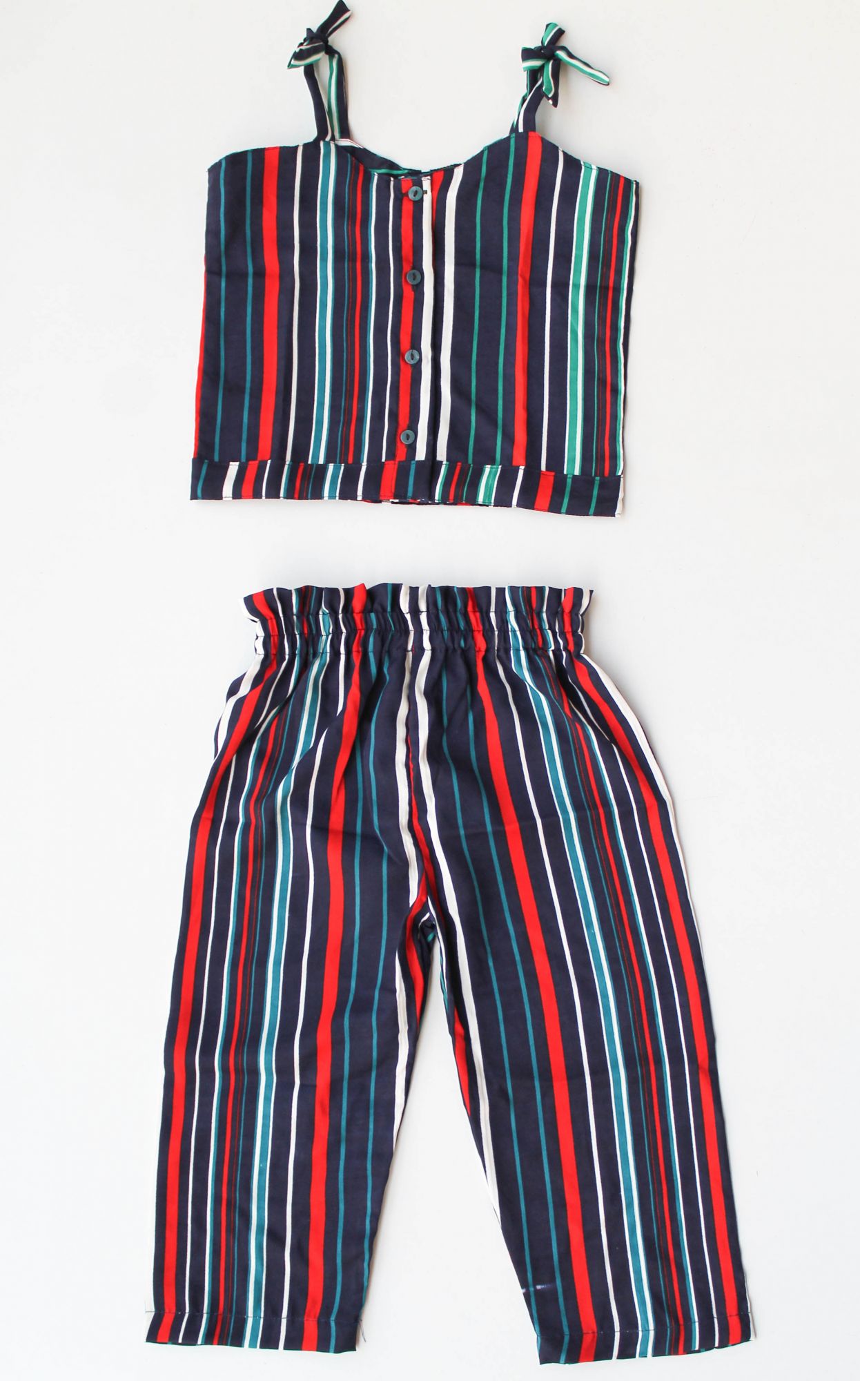 Woonie Sleeveless Multicoloured Striped Pattern Top With Pant- Blue