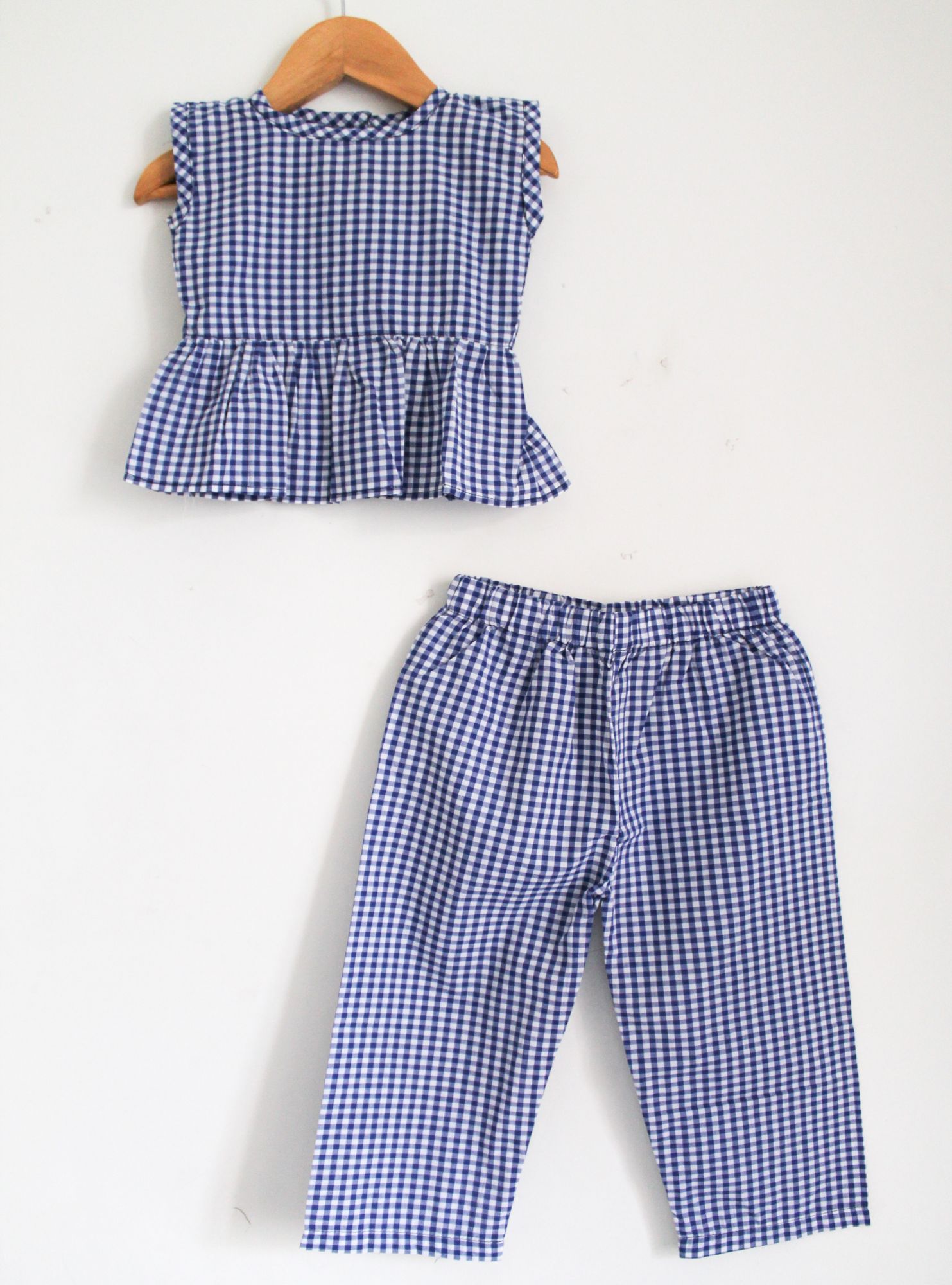 Woonie Sleeveless Checked Top With Pants - Blue