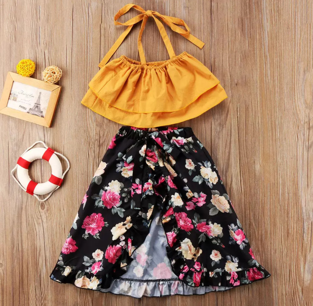 Woonie Sleeveless Top With Floral Skirt Attached Shorts - Yellow