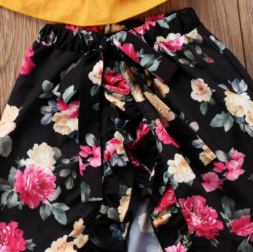 Woonie Sleeveless Top With Floral Skirt Attached Shorts - Yellow