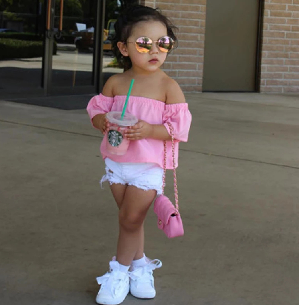Woonie Off Shoulder Top With Denim Shorts- Pink