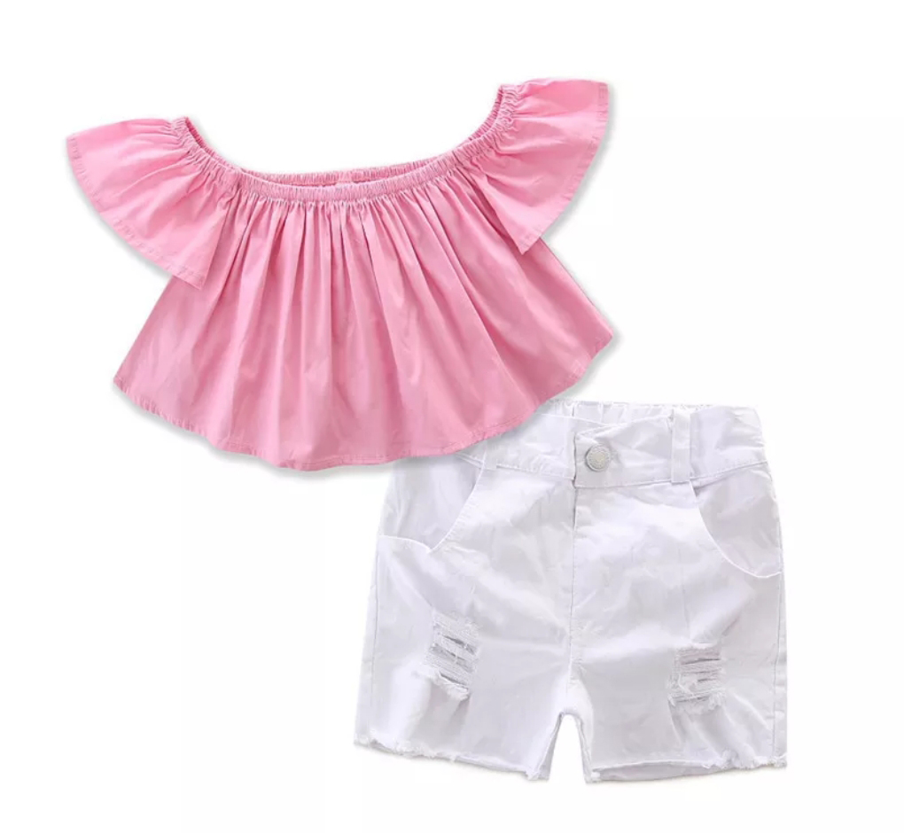 Woonie Off Shoulder Top With Denim Shorts- Pink