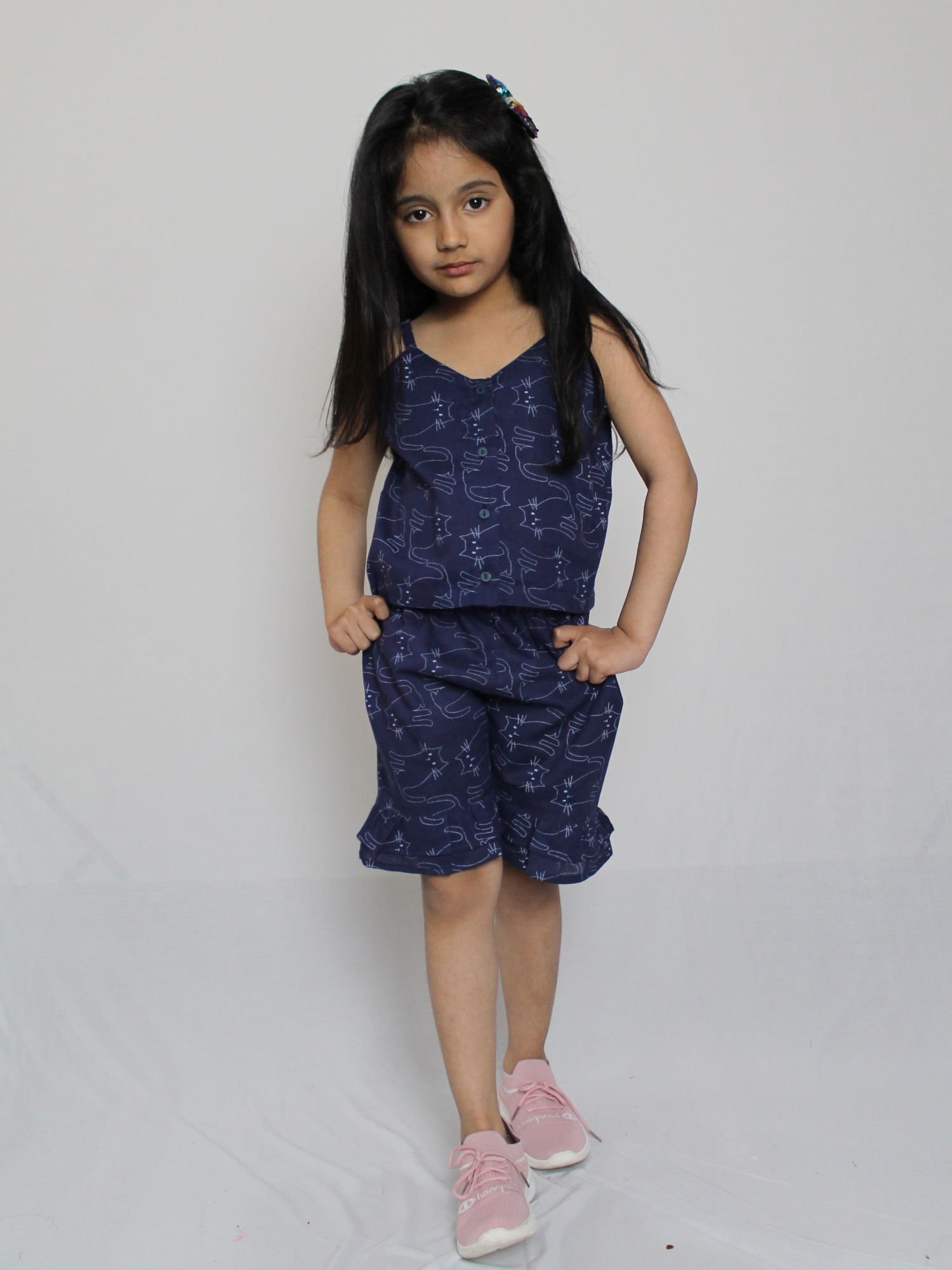 Woonie Sleeveless Cat Print Top With Shorts - Blue