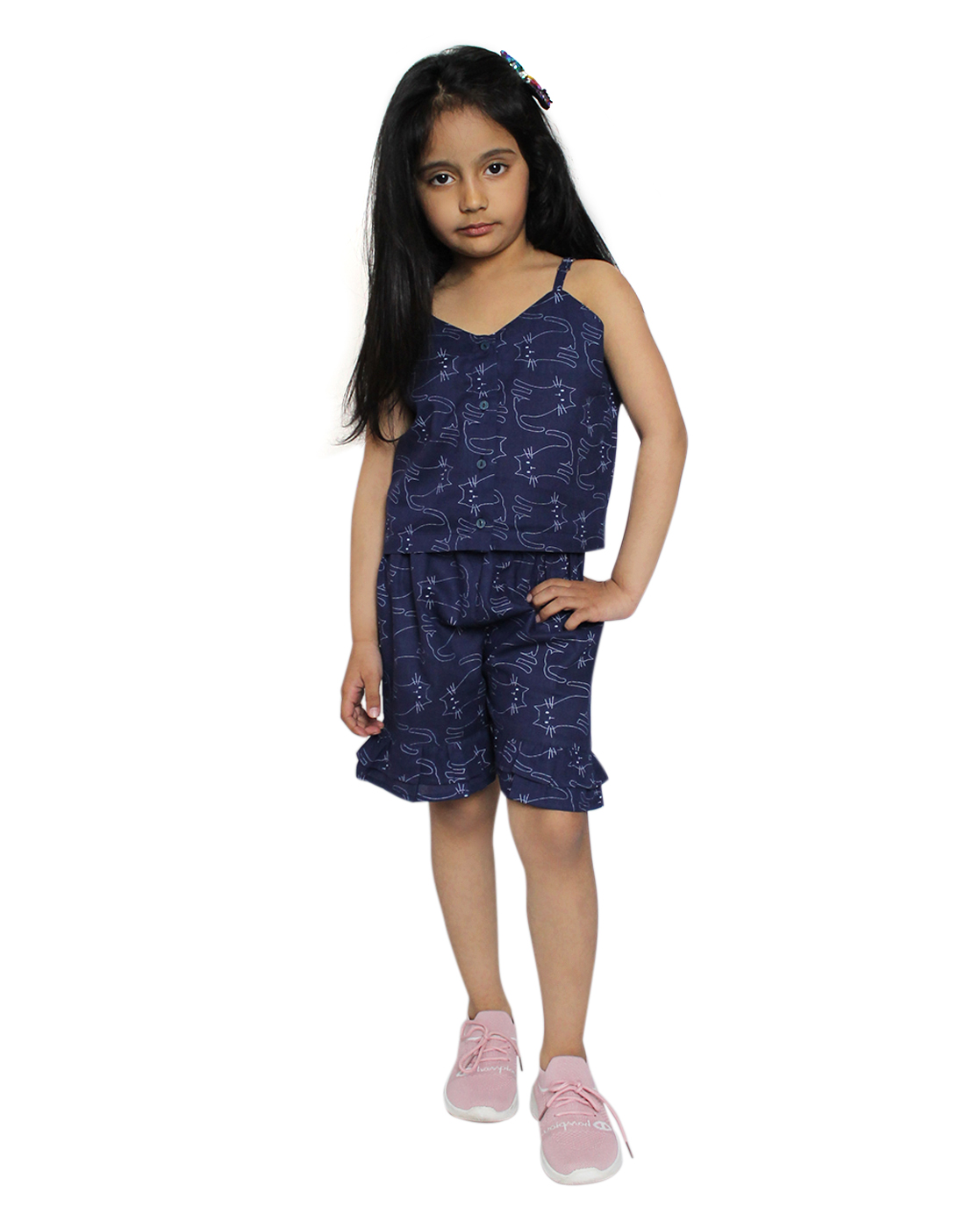 Woonie Sleeveless Cat Print Top With Shorts - Blue