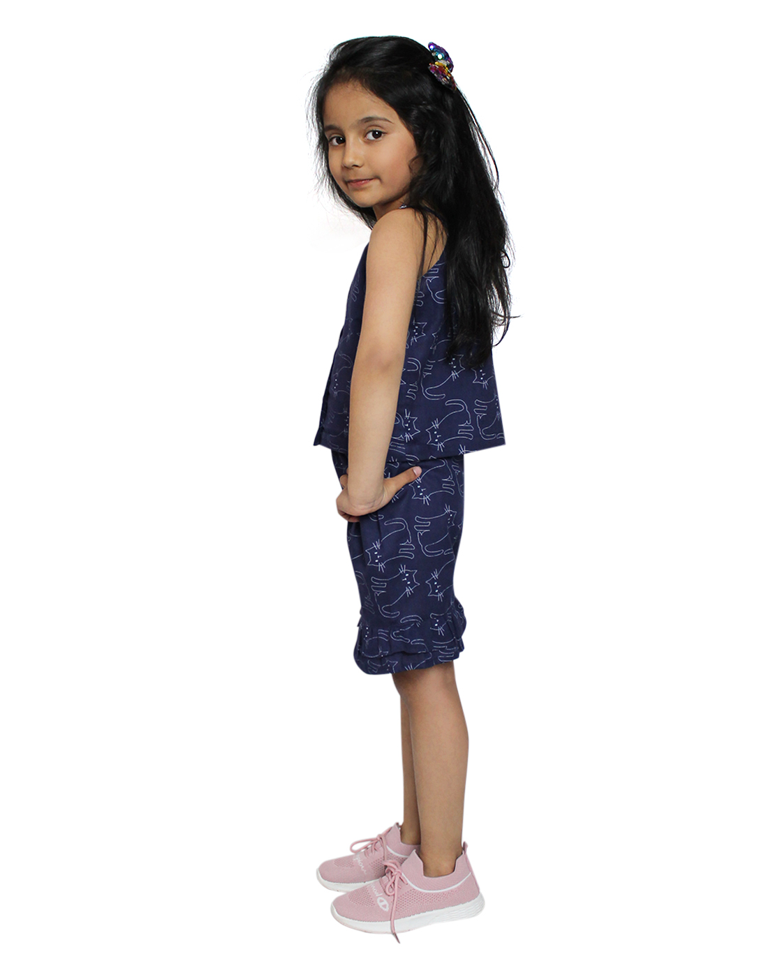 Woonie Sleeveless Cat Print Top With Shorts - Blue