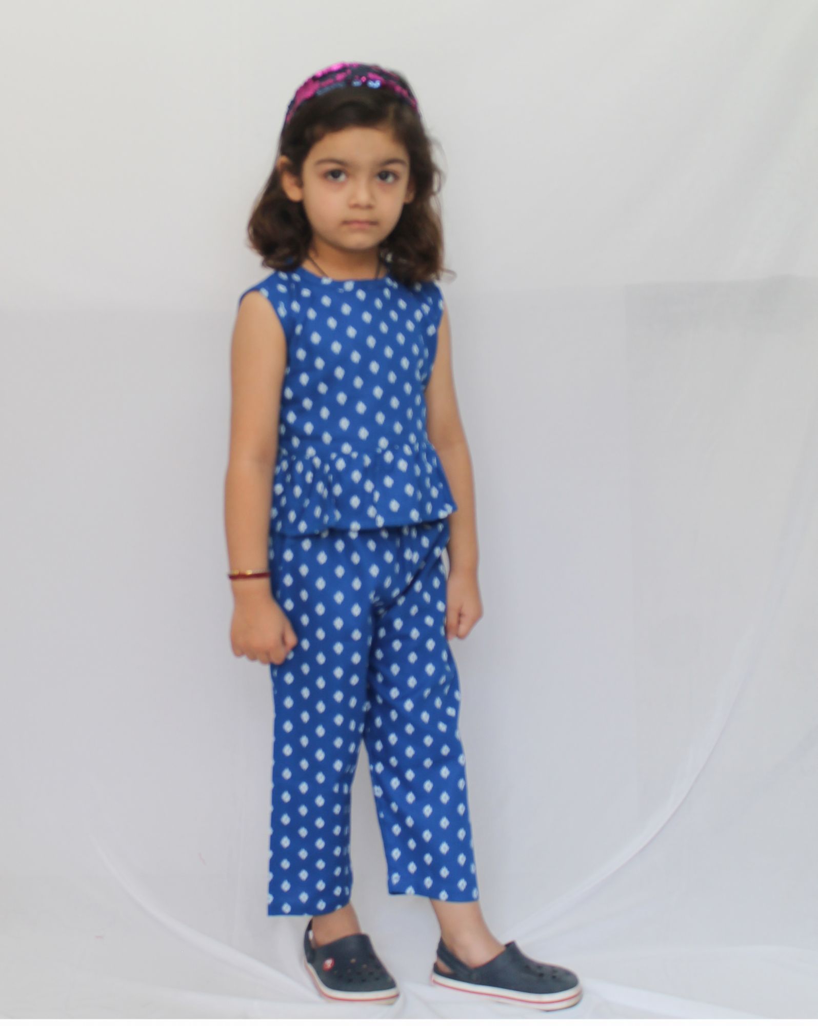 Woonie Sleeveless Solid Printed Top With Pant- Blue