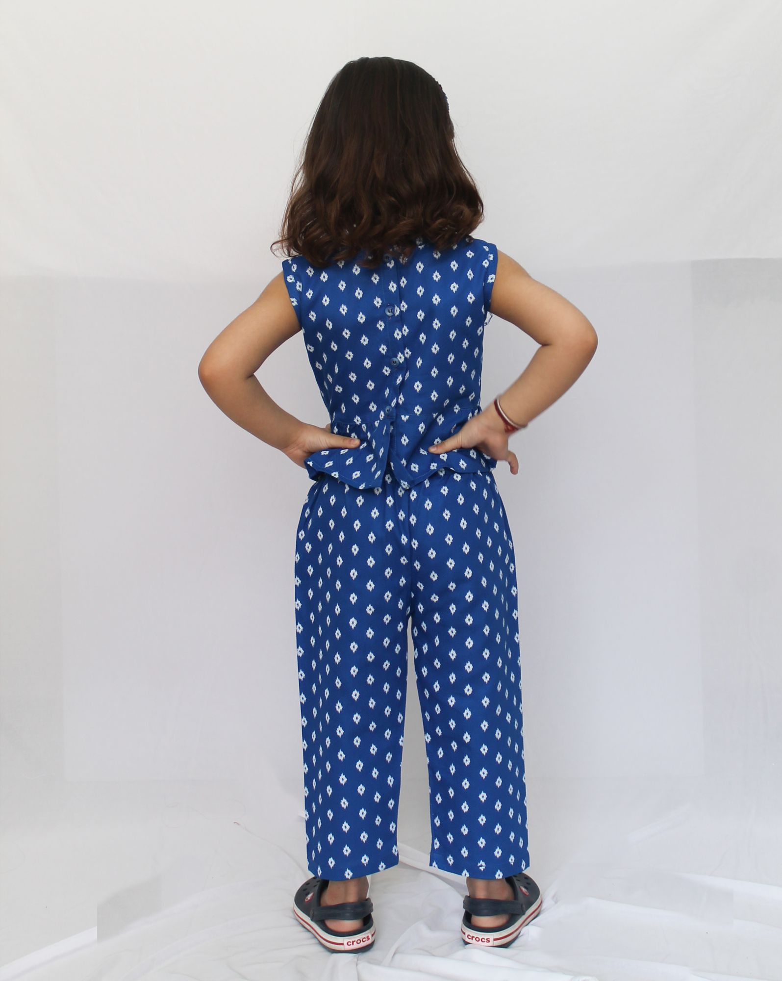 Woonie Sleeveless Solid Printed Top With Pant- Blue