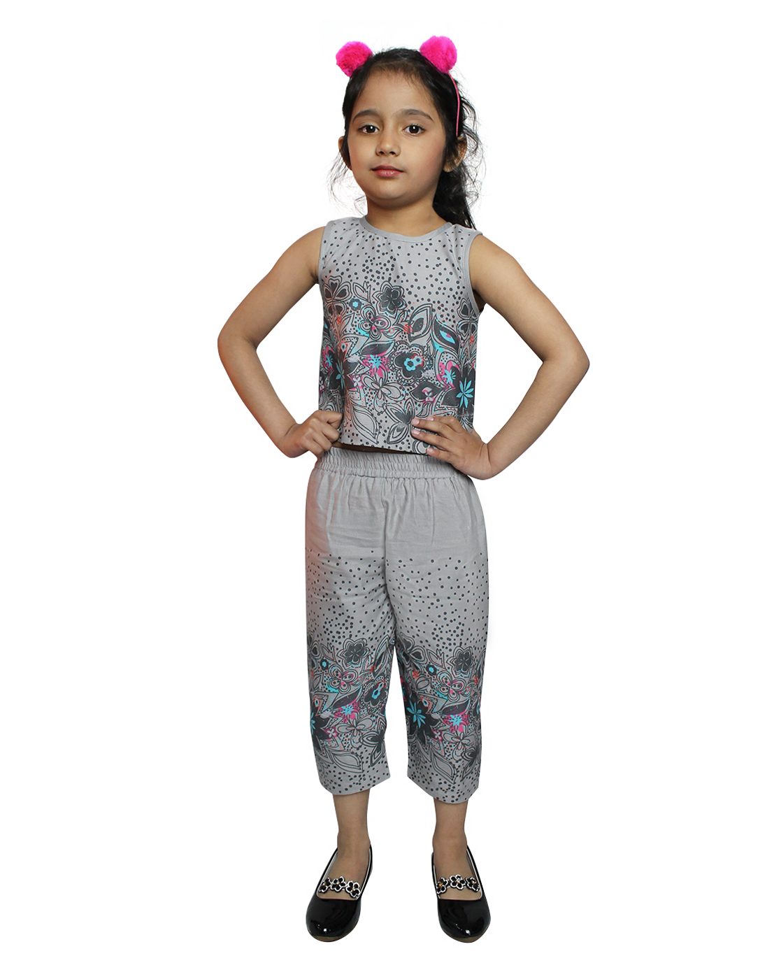 Woonie Floral Printed Sleeveless Top With Culottes- Grey