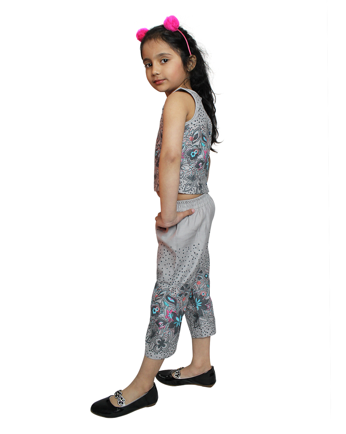Woonie Floral Printed Sleeveless Top With Culottes- Grey