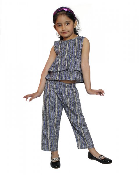 Image of Woonie Printed Sleeveless Frill Top With Pant -Blue