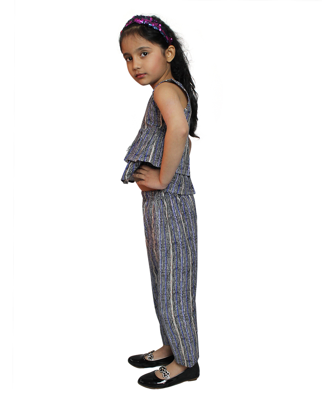 Woonie Printed Sleeveless Frill Top With Pant Blue