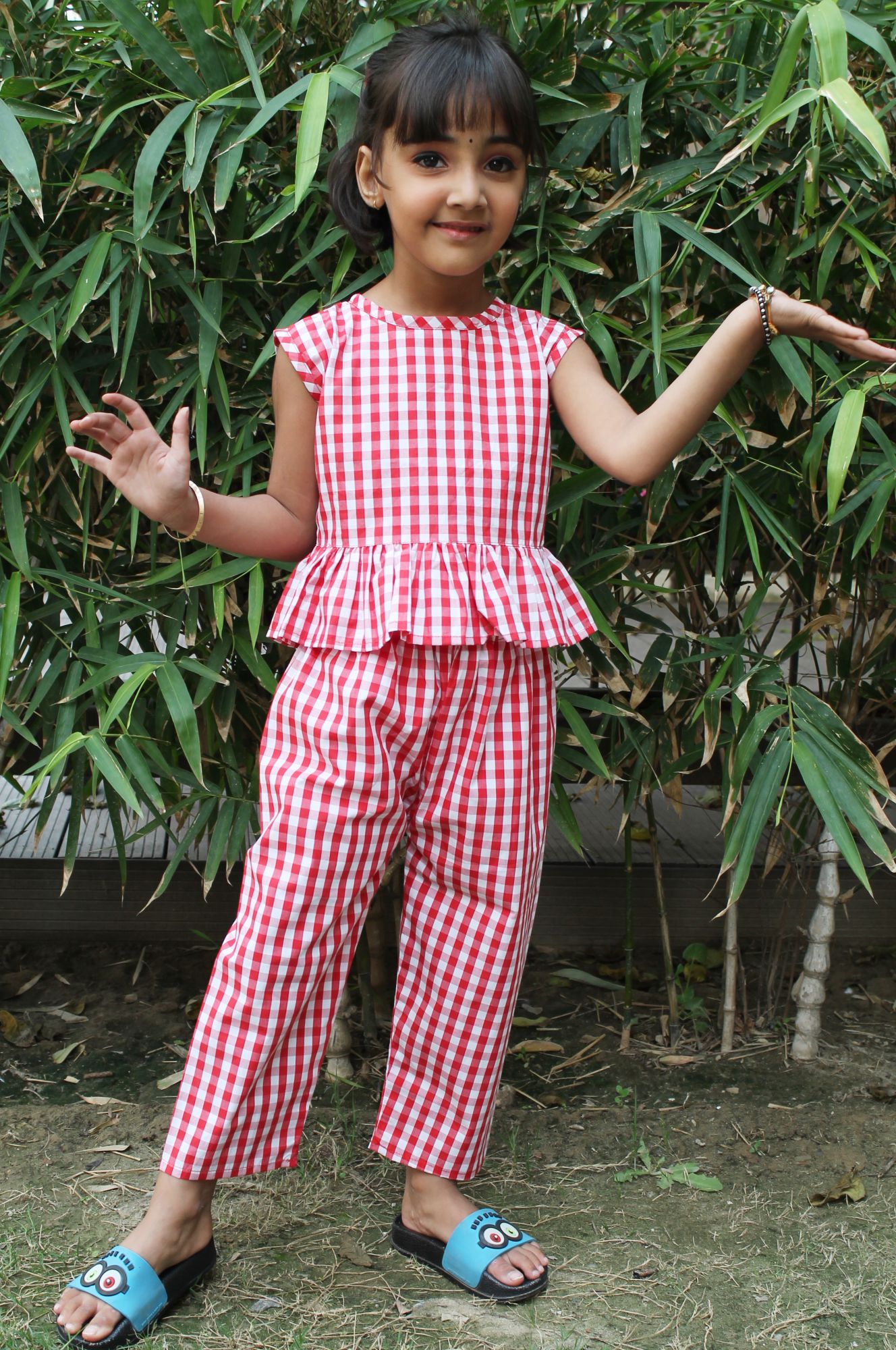 Woonie Cap Sleeves Checked Top With Pants - Red