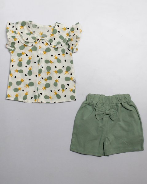 Image of Woonie Frill Sleeves Pineapple  Printed Top With Shorts-Green