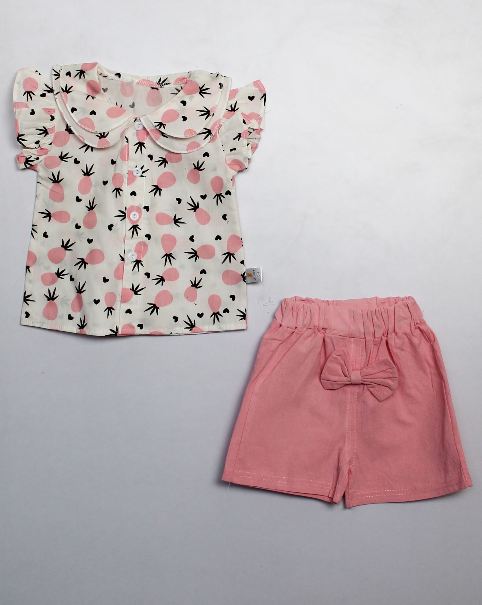 Woonie Frill Sleeves Pineapple Printed Top With ShortsPink