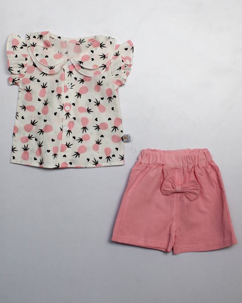 Image of Woonie Frill Sleeves Pineapple Printed Top With Shorts-Pink