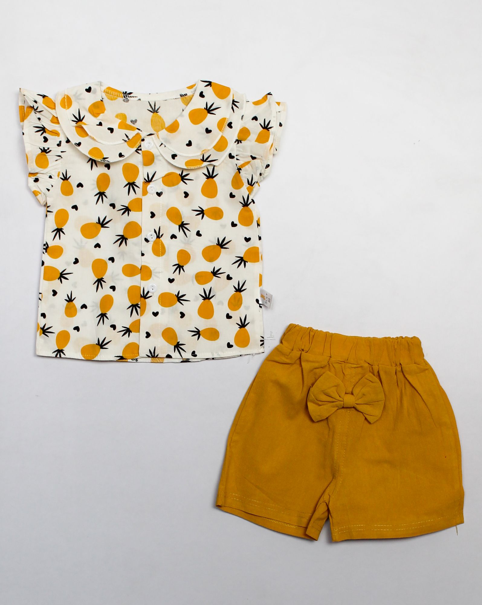 Woonie Frill Sleeves Pineapple Printed Top With ShortsOrange