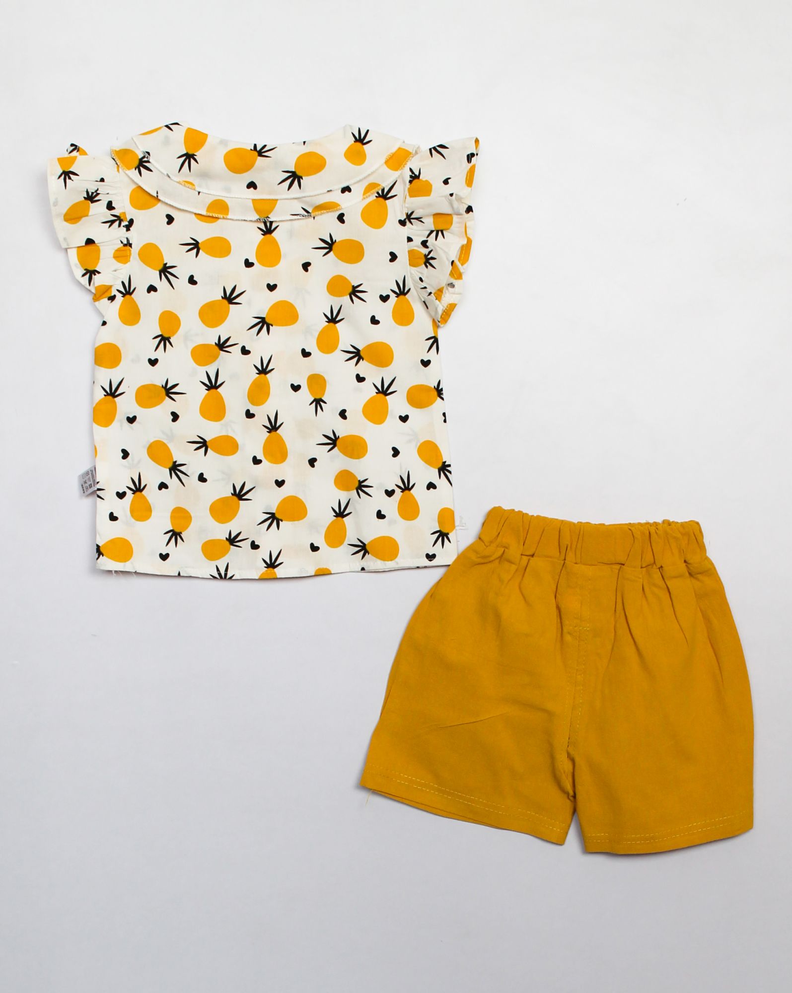 Woonie Frill Sleeves Pineapple Printed Top With ShortsOrange