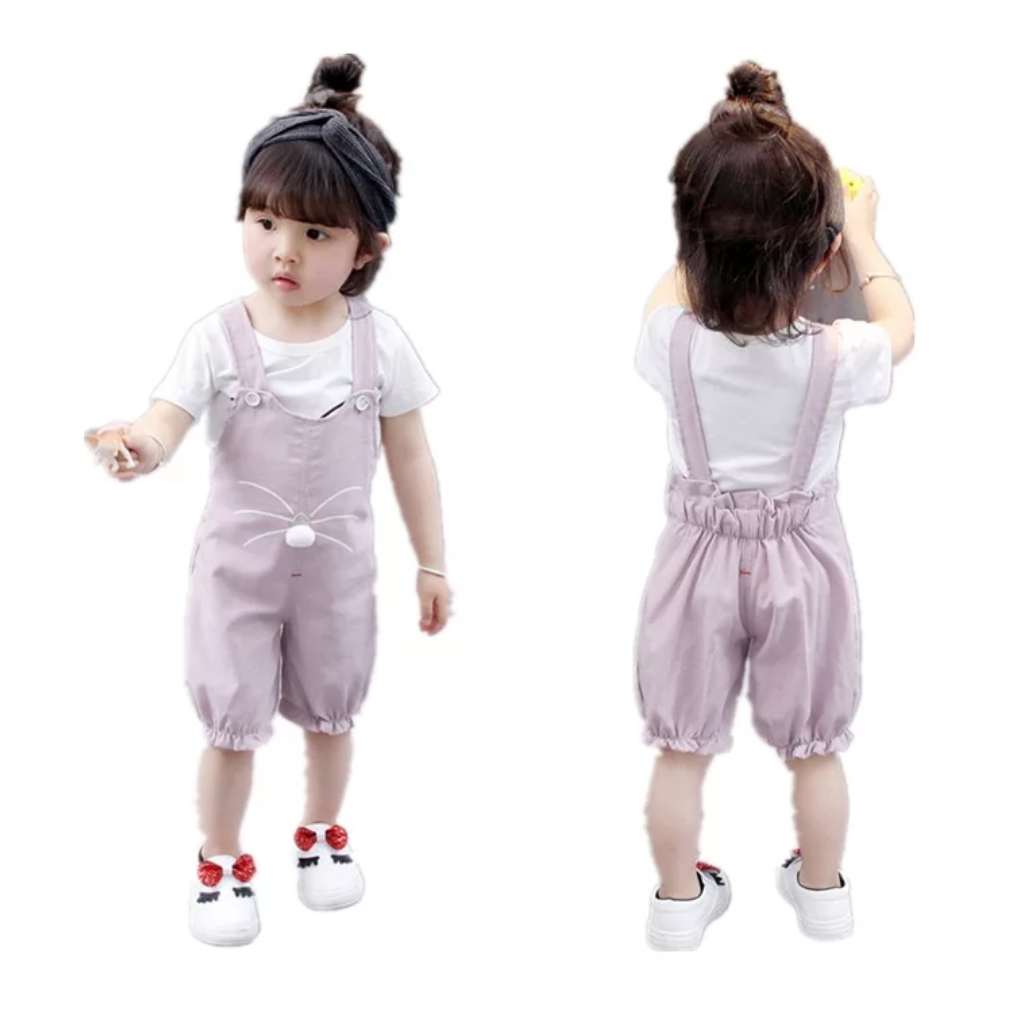 Woonie Short Sleeves Kitty Face Top With Daungree-Grey
