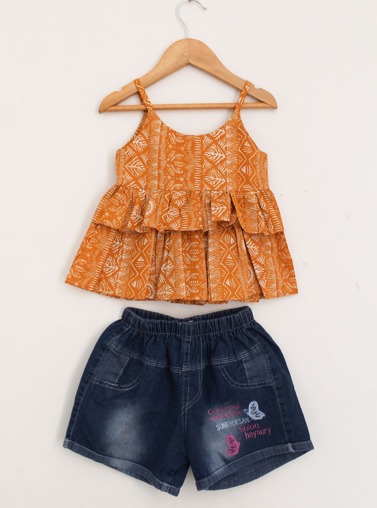 Woonie Cotton Layered Sleeveless Printed Top With Shorts  Yellow