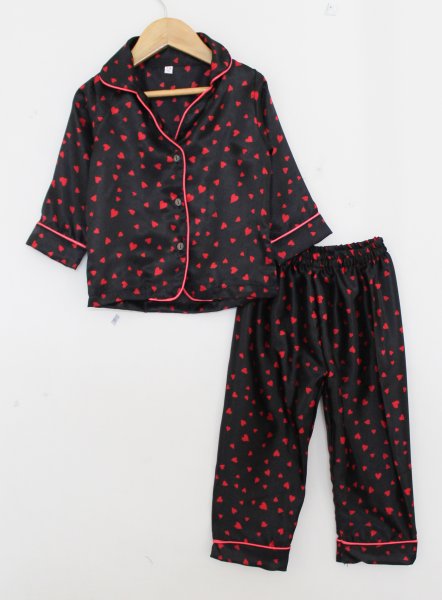 Image of Woonie Full Sleeves All Over Heart Printed Night Suit - Black