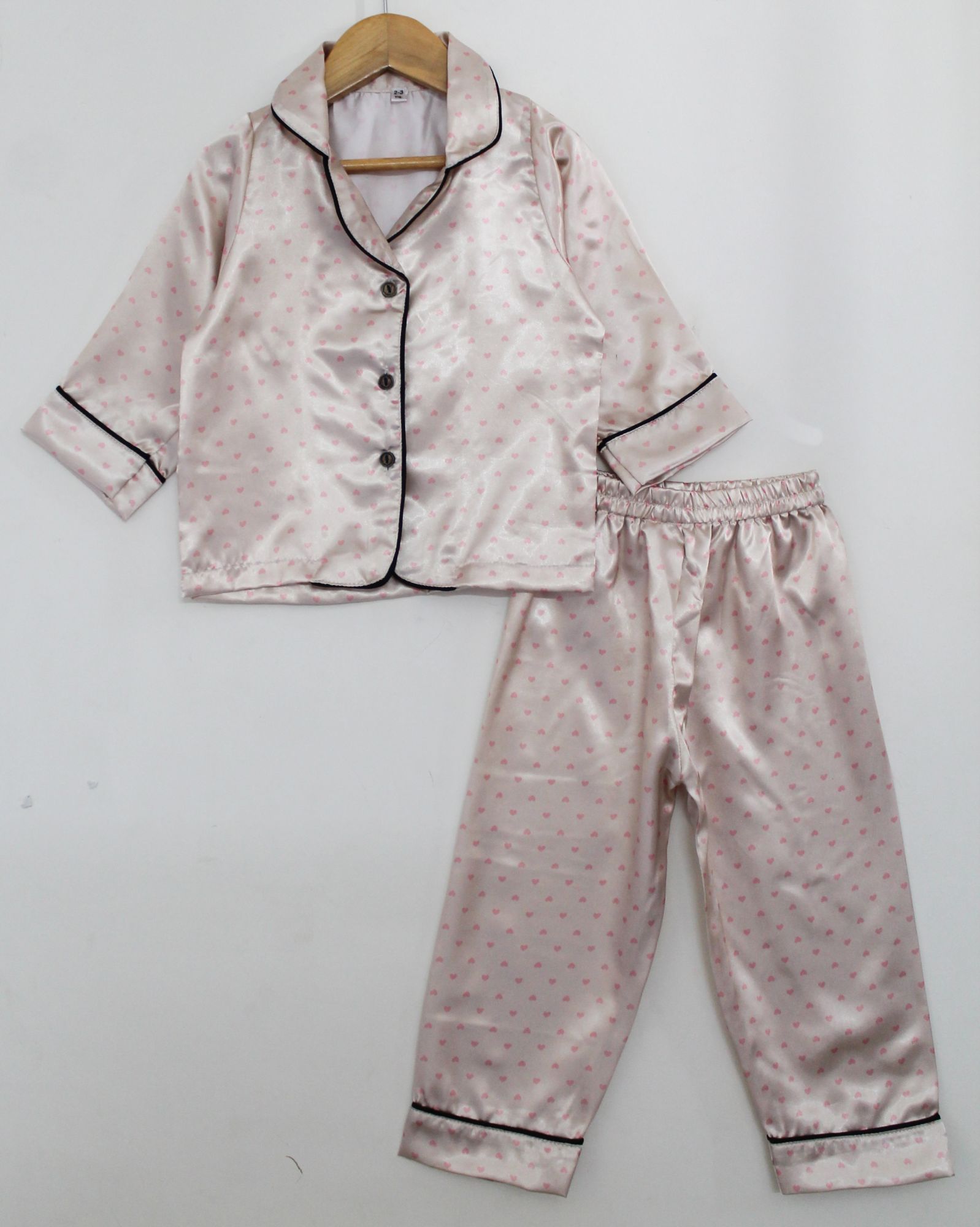 Woonie Full Sleeves All Over Heart Printed Night Suit  Beige