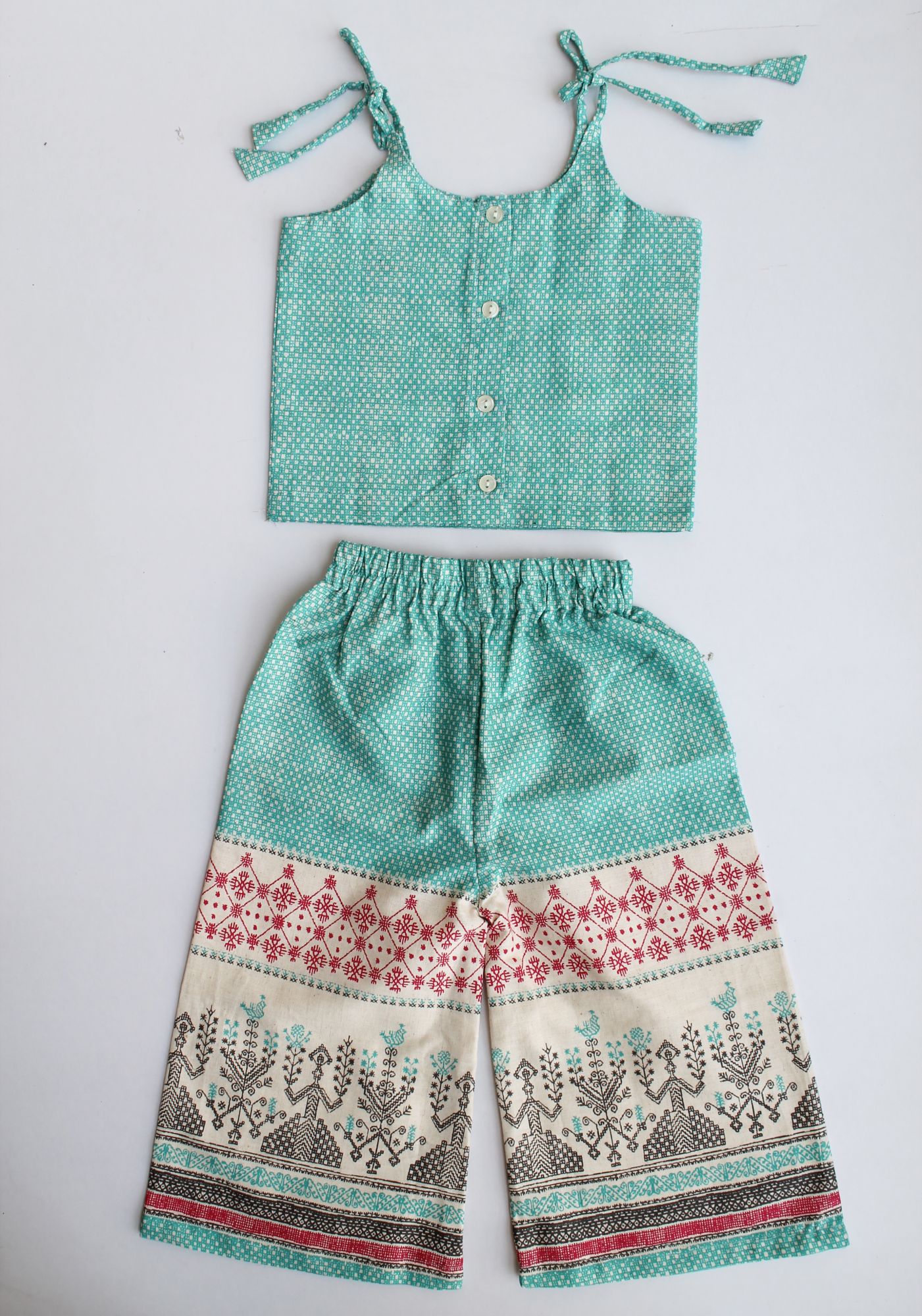 Woonie Sleeveless Singlet Top With Wide Legged Motif Print Pants - Green