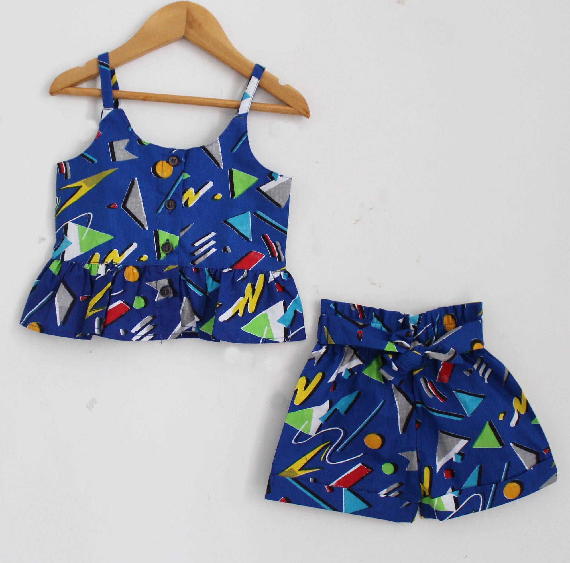 Woonie Sleeveless Printed Top With Shorts-Blue
